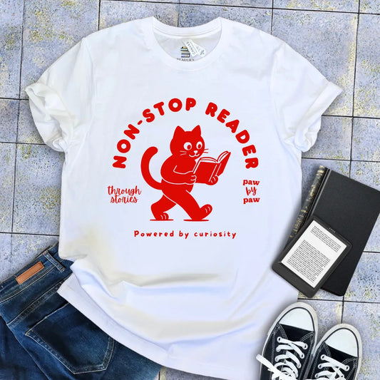 funny literary introvert tee with walking cat and book