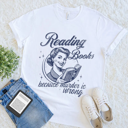 white soft cotton Retro-style book lover t-shirt with dark humor quote 