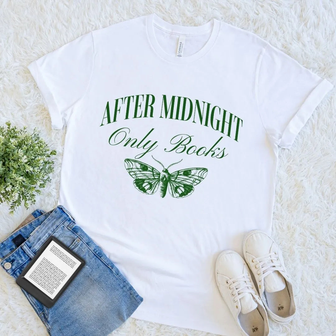 White soft cotton reader shirt in neutral tones with green serif typography and vintage moth illustration