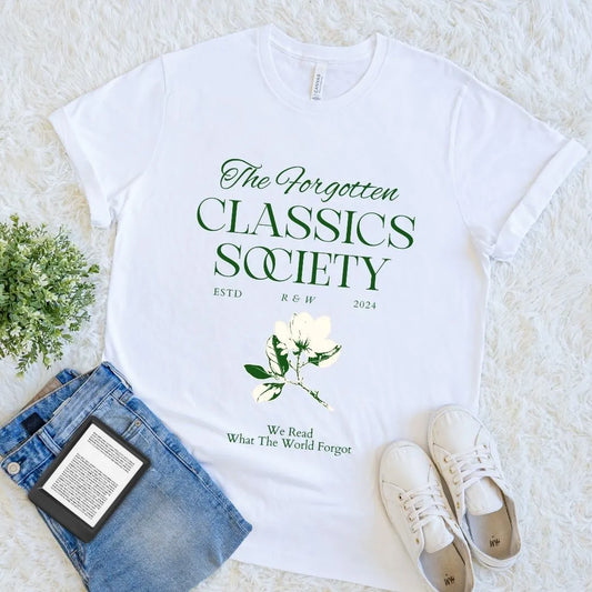 White Elegant floral  soft cotton t-shirt  for classic book readers with 'The Forgotten Classics Society' dark academia design  