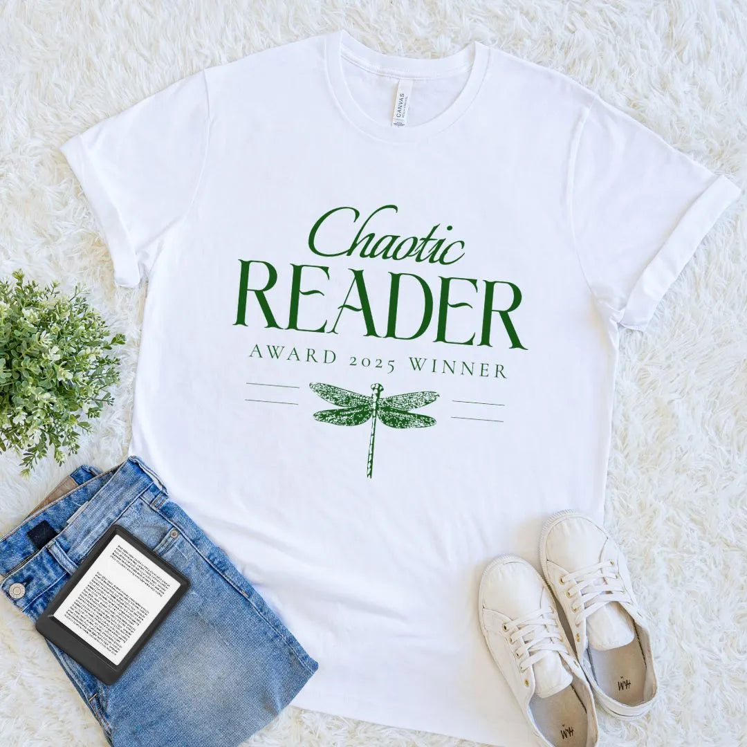 T-shirt for readers who never finish one book at a time with with green serif font and vintage dragonfly illustration