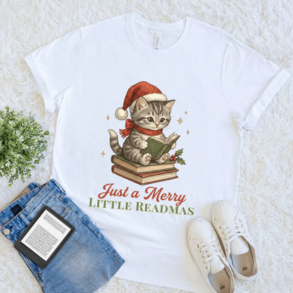 White soft cotton Holiday-themed book lover tee featuring vintage cat illustration and "just a merry little bookmas" quote