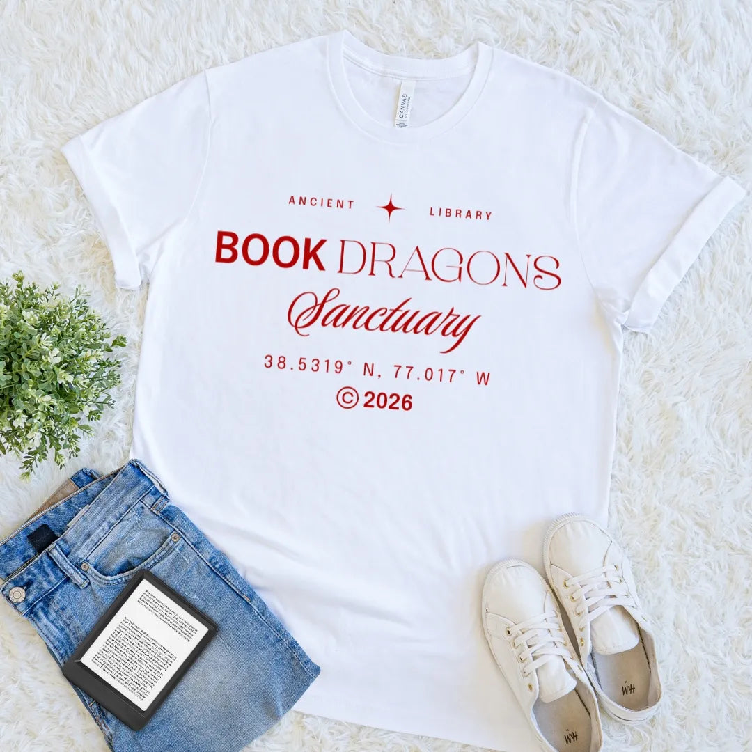 White Book Dragons Sanctuary minimalist library book lover T-shirt