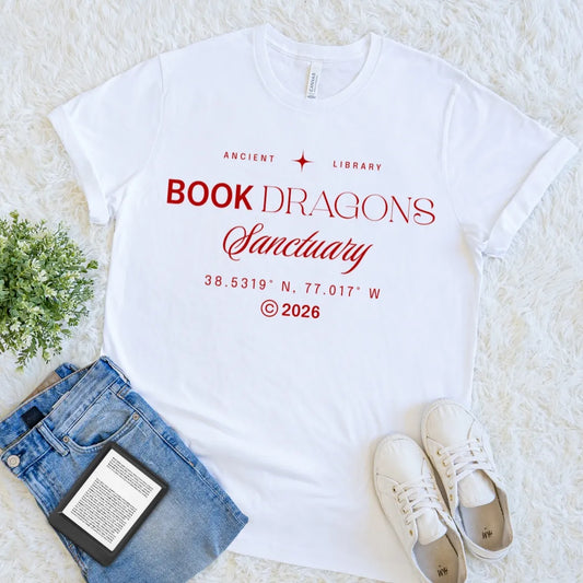 White Book Dragons Sanctuary minimalist library book lover T-shirt