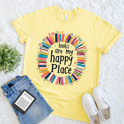 Cheerful literary shirt for introverts and women readers in yellow featuring  book wreath and quote