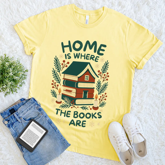Yellow t-shirt with 'Home is where the books are' design  with rustic book house