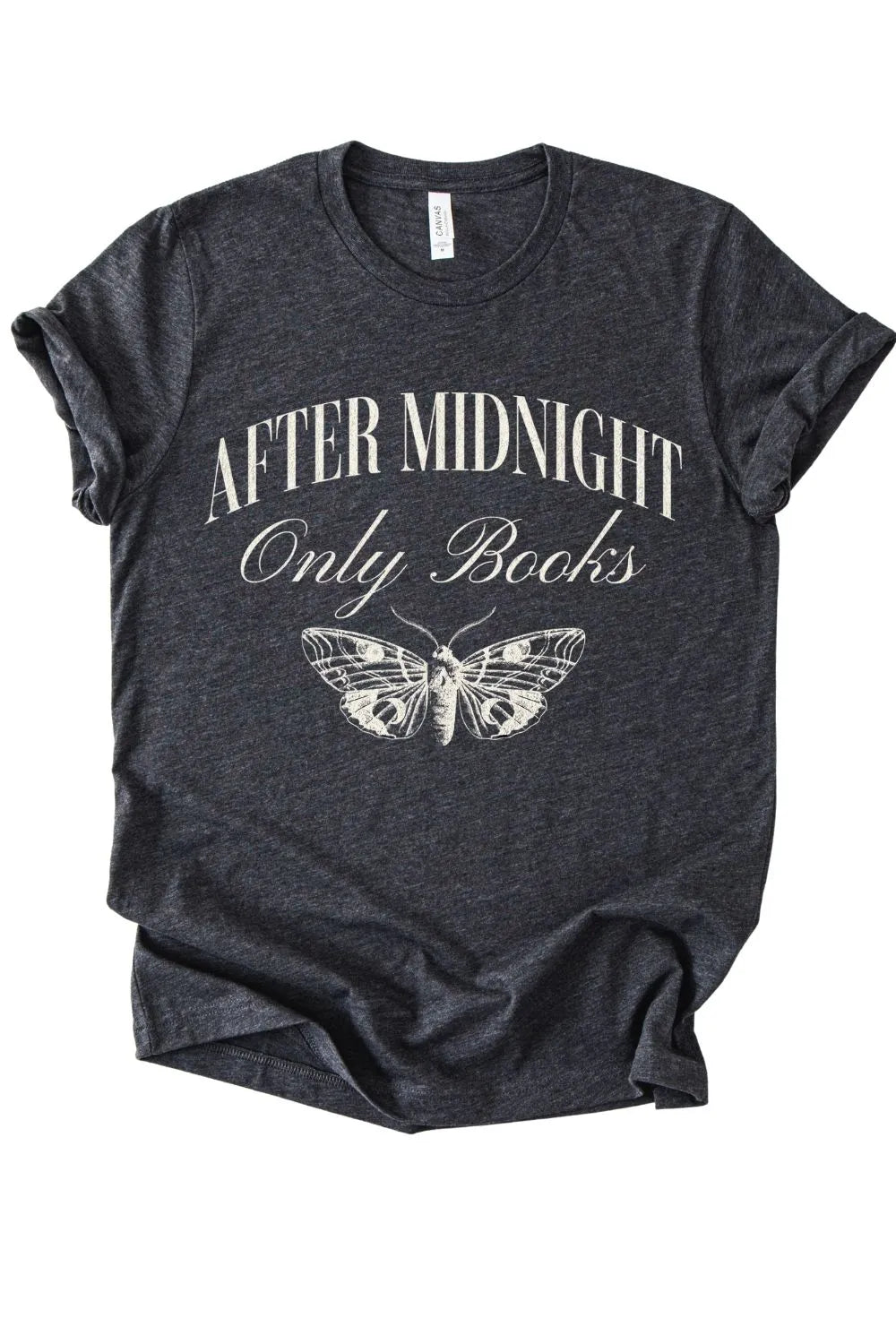 Dark grey heather graphic t-shirt with the phrase “After Midnight Only Books” and a vintage moth illustration in an academic, moody style.