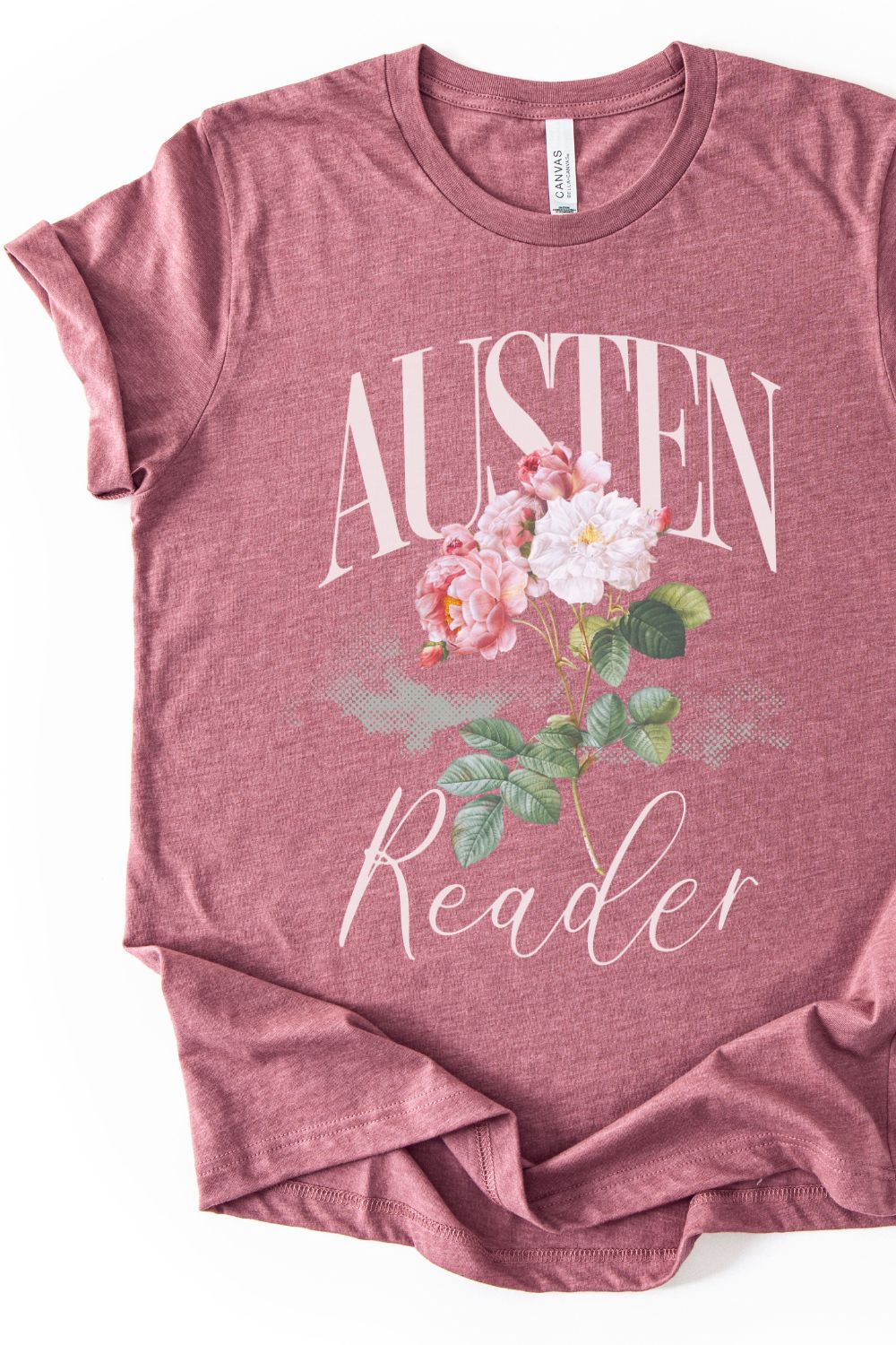 Aesthetic reading themed T-shirt with vintage floral illustration and Austen reader text in heather mauve