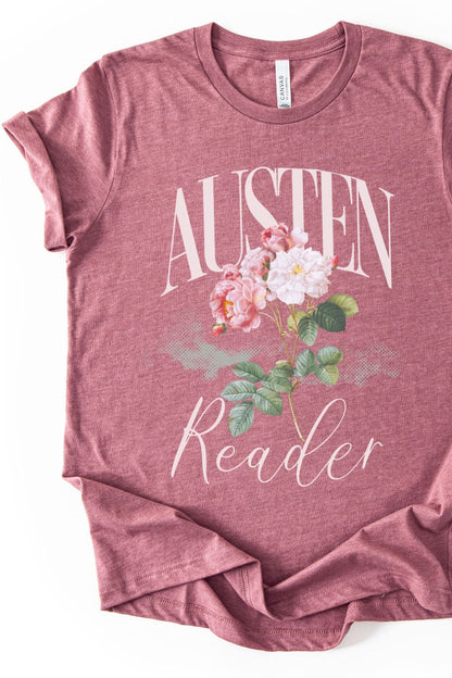 Aesthetic reading themed T-shirt with vintage floral illustration and Austen reader text in heather mauve