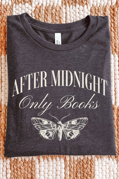 Soft dark grey heather graphic t-shirt with the phrase “After Midnight Only Books” and a vintage moth illustration in a moody dark academia style, folded on textile surface