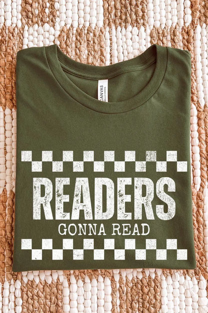 folded soft cotton military green t-shirt with vintage distressed checkerboard design and "readers gonna read" quote