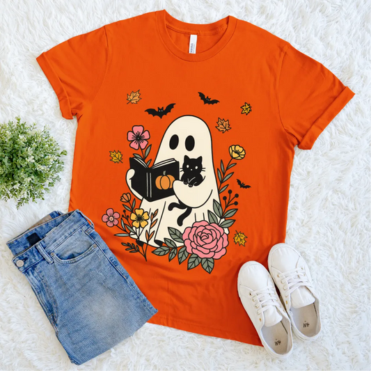 Cozy orange  spooky shirt for readers with floral gothic illustration for halloween