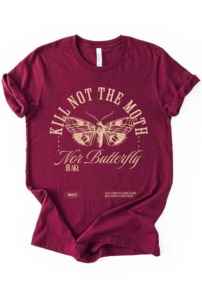 A soft cotton maroon  t-shirt featuring a vintage gold moth illustration with the quote “Kill Not the Moth Nor Butterfly” in elegant typography inspired by William Blake, styled in a dark academia aesthetic.